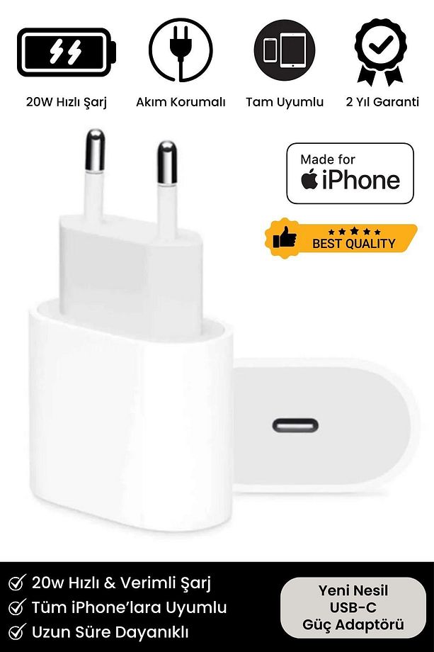 iPhone Tüm Serilere Uyumlu 20w Hızlı Şarj Aleti 6 7 8 X 11 12 13 14 15 İçin Type-C Girişli Adaptör - 1