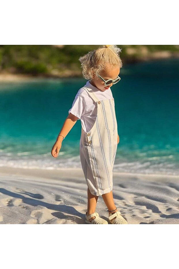 Boy's Striped Linen Salopet Shorts Overalls