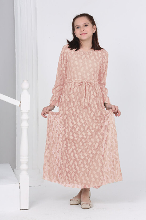 Long Guipure Patterned Hijab Dress - Young Girl Lined