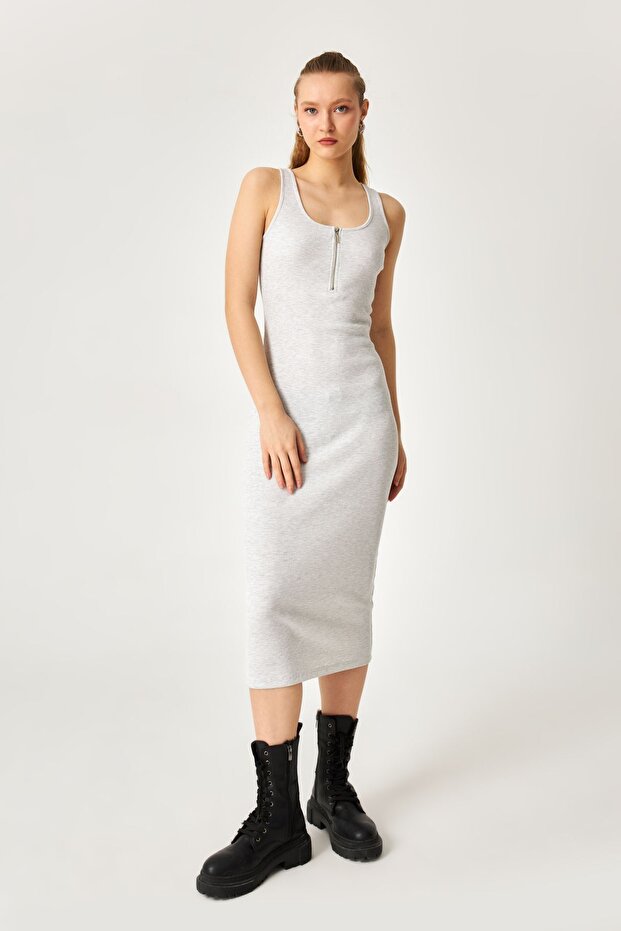 Light Gray Ribbed Long Dress with Straps