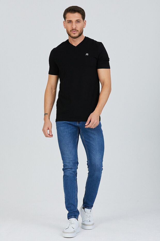 Black V-Neck Cotton Slim Fit Men's Basic