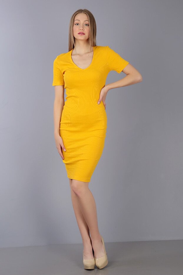 Yellow V-Neck Cut Out Dress
