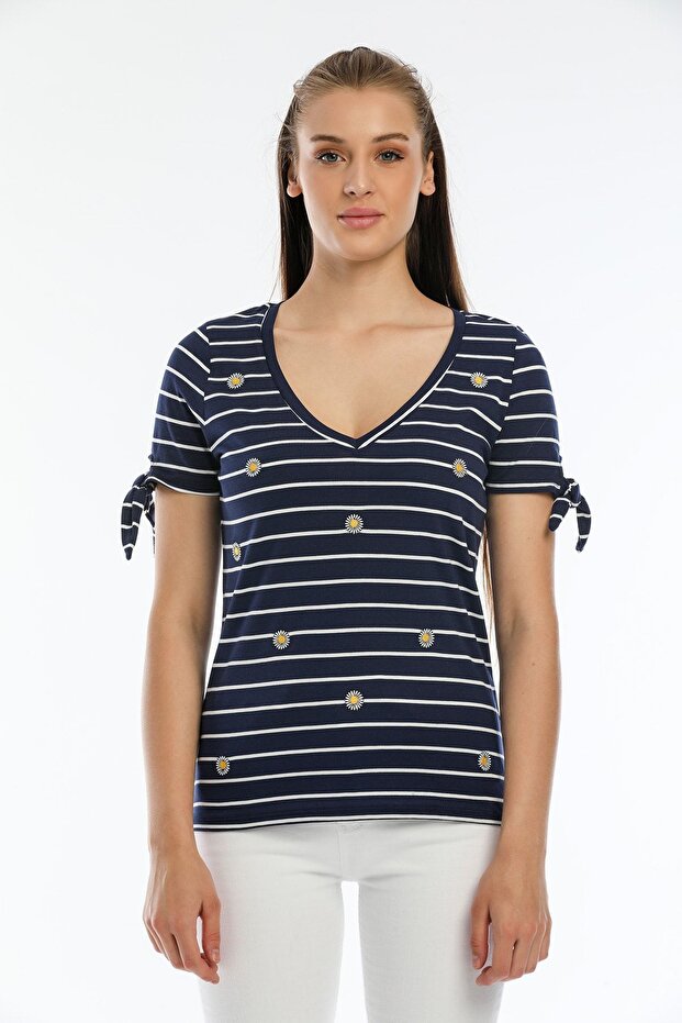 Navy Blue V-Neck ριγέ Basic - 1