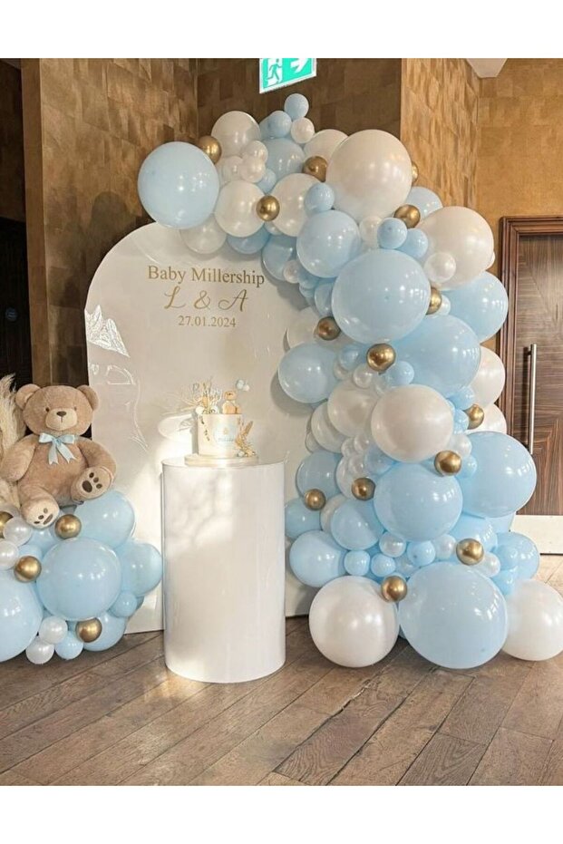 Macarons Baby Blue White and Gold Chrome Balloon Chain Set 100 Pcs