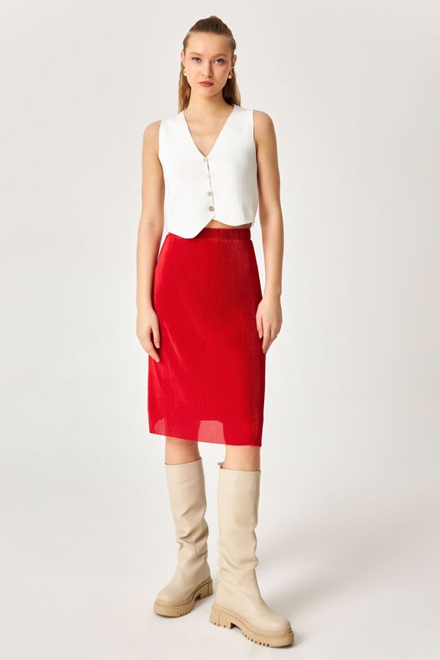 Red Pleated Skirt with Elastic Waist