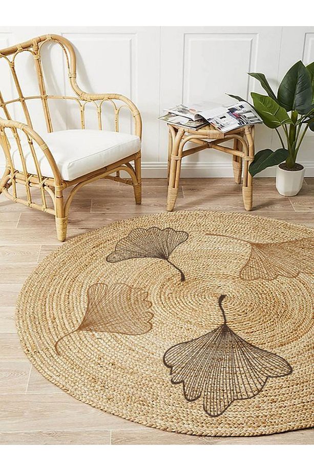 Floral Desenli Örgü Yuvarlak Natural Çift Taraflı Halı Boho 907 - 1