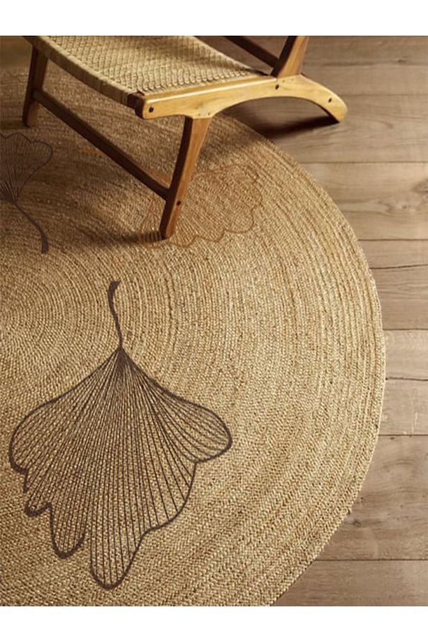 Floral Desenli Örgü Yuvarlak Natural Çift Taraflı Halı Boho 907 - 4