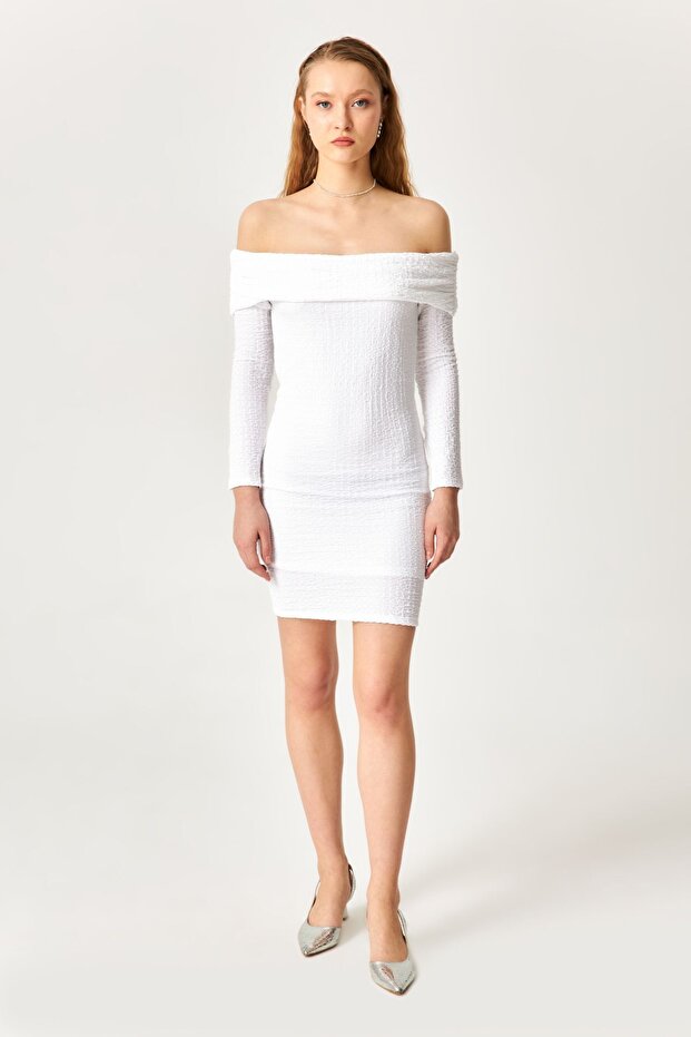 White Carmen Collar Long Sleeve Knitted Dress