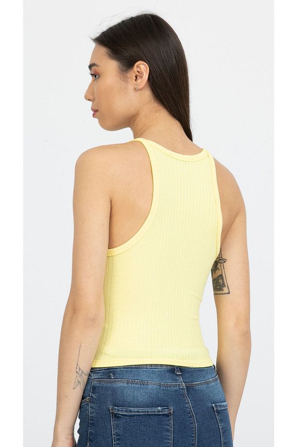 Sarı Fitilli Halter Yaka Örme Crop Atlet - 4