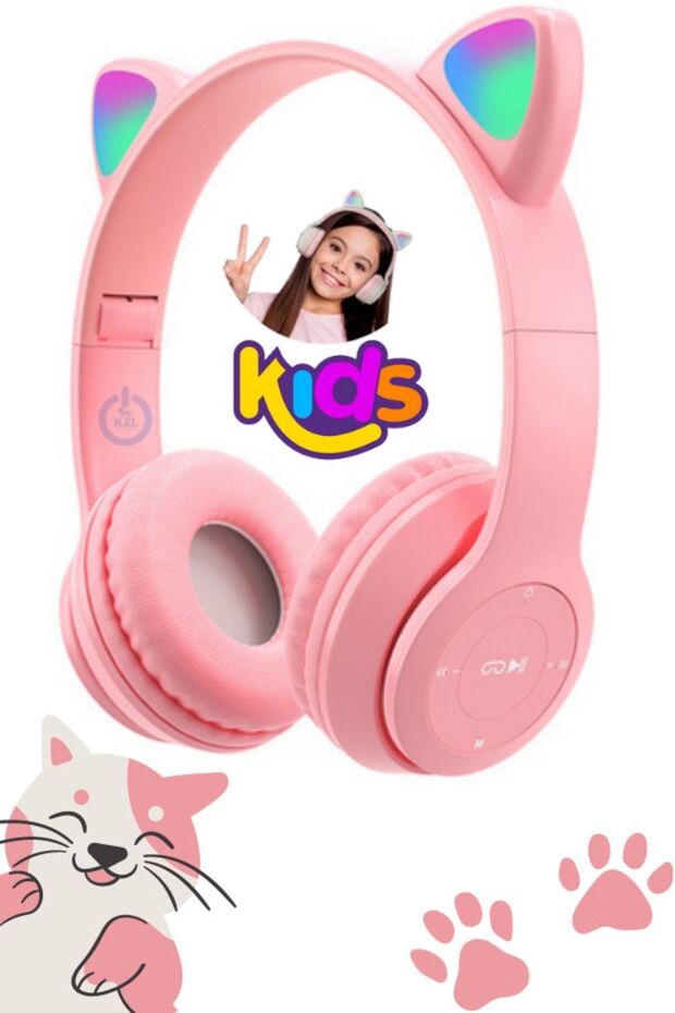 A+ Kalite Vilya Kedi Kulağı Detaylı Uyumlu Bluetooth Kablosuz Kulaklık Çocuk Oyuncu + Aux Kablo - 1