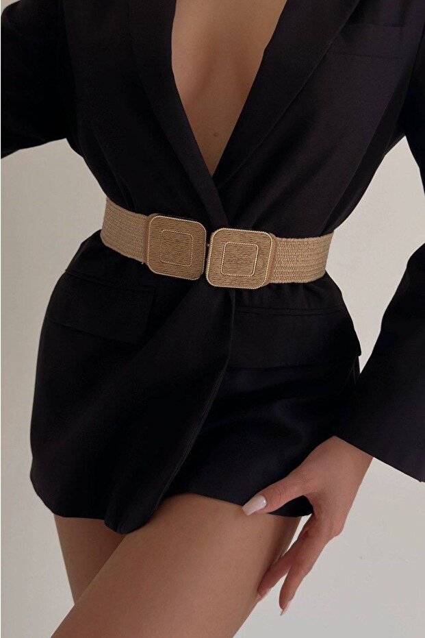 Women's Square Buckle Design Straw Belt 1928