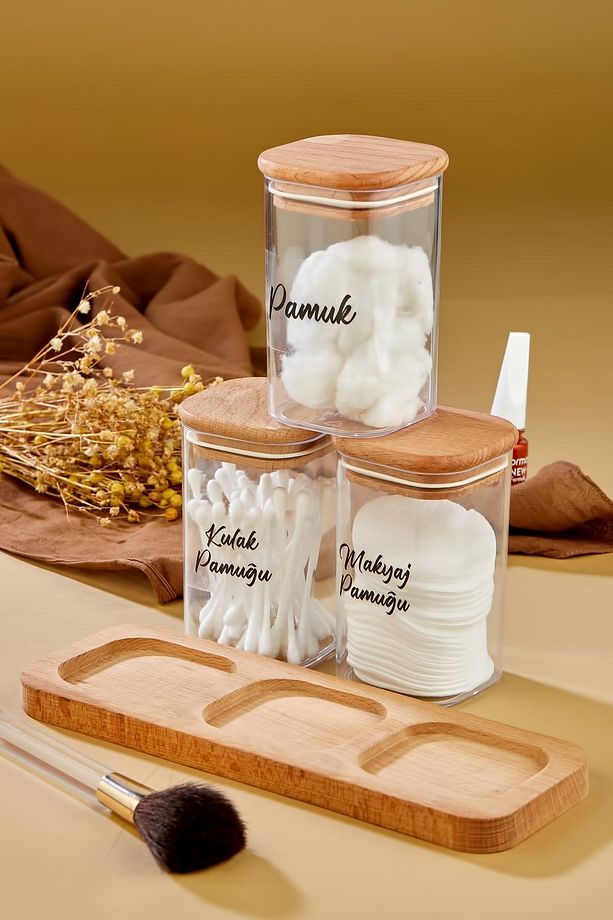 Ahşap Standlı 3'lü Mika Kulak Pamuğu & Pamuk & Makyaj Pamuğu Organizeri 300 Ml Saklama Kutusu - 3