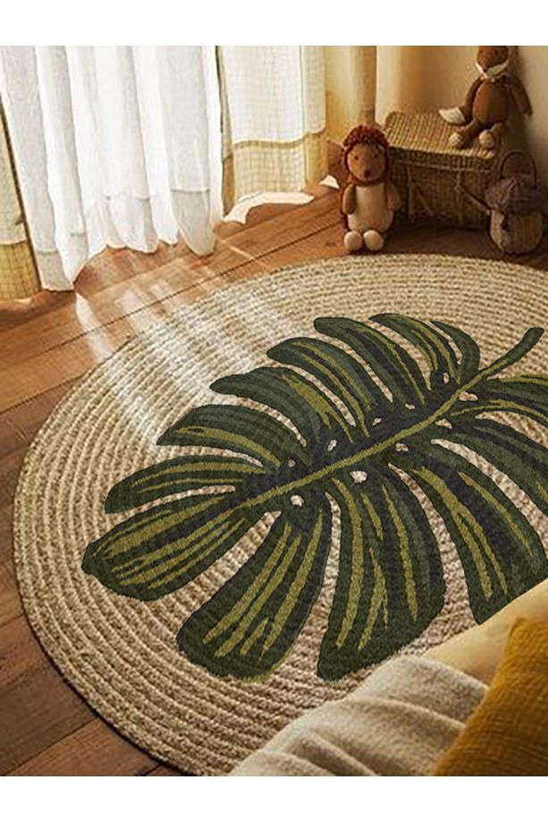 Boho 912 Yaprak Minimalist Tema Etnik Örgü Yuvarlak Natural Renk Çift Taraflı Halı - 3