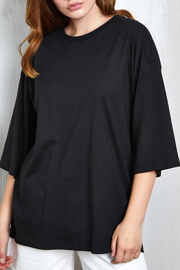 Siyah Oversize Basic Penye T-shirt 25358 - 3