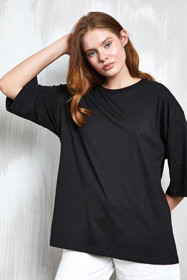 Siyah Oversize Basic Penye T-shirt 25358 - 4