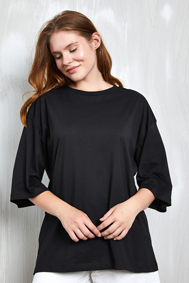 Siyah Oversize Basic Penye T-shirt 25358 - 2