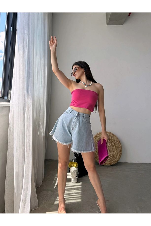 Geniş Paça Püsküllü Denim Şort - 4