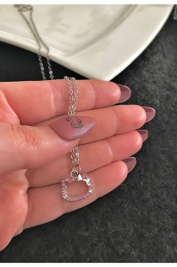 Minimal Pembe Zirkon Taşlı Hello Kitty Kolye - 2