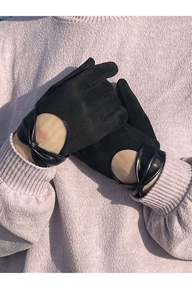 Touch Stylish Elegant Low-cut Bow Flexible Women's Vegan Suede Gloves