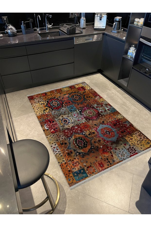 Antique Design Series Multicolored Patterned Fringed Decorative Carpet in Orange Tones Antik86