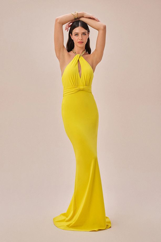 Sarı Halter Yaka Krep Kumaş Uzun Abiye Elbise 4XLVC5698 - 1