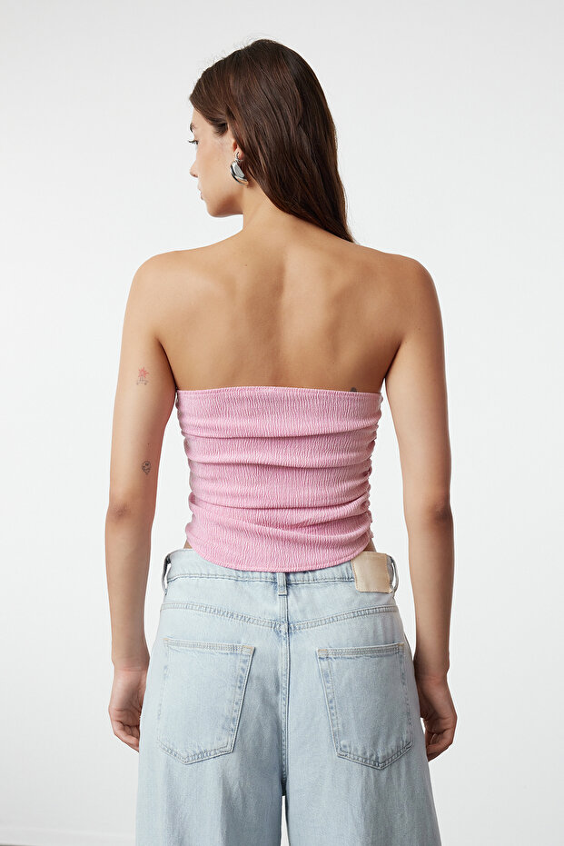 Pembe Straplez Büzgülü Esnek Örme Bluz TWOSS24BZ00216 - 5