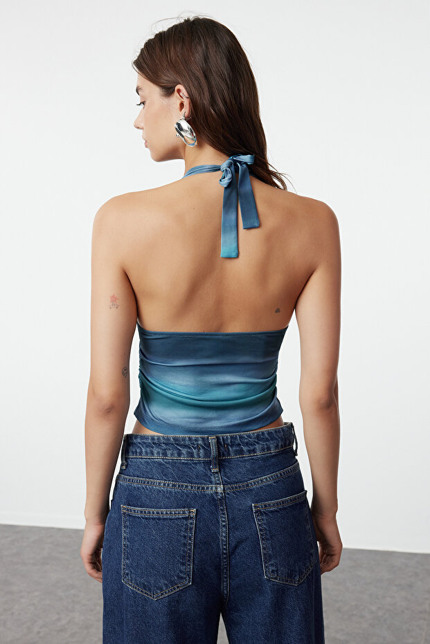 Indigo Boyundan Bağlamalı Vücuda Oturan Esnek Crop Örme Bluz TWOSS24BZ00061 - 8