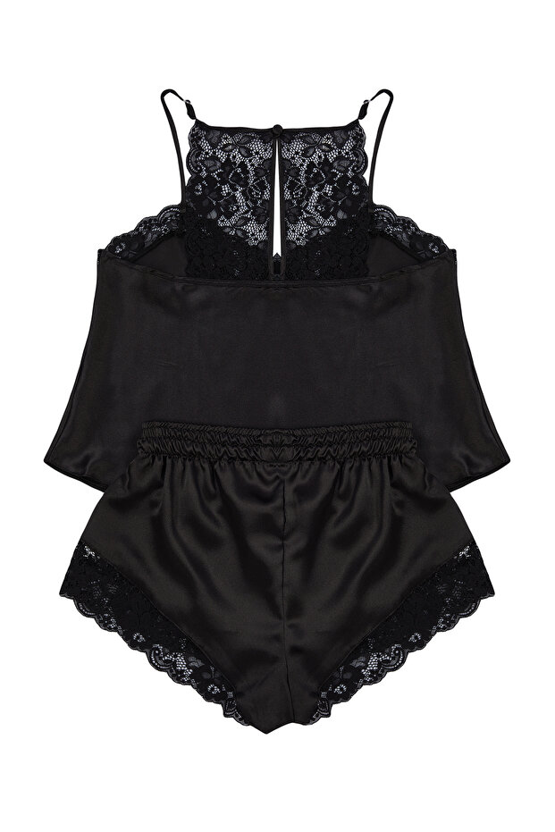 Siyah Dantelli İp Askılı Saten Şortlu Dokuma Pijama Takımı THMSS22PT0269 - 8