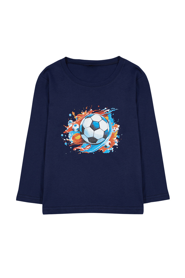 Lacivert Erkek Çocuk %100 Pamuk Spor Desenli Regular Kalıp Uzun Kol Örme T-Shirt TKDAW25TS00009 - 2
