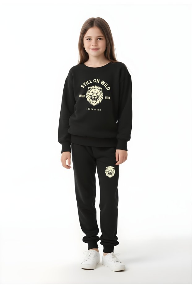 Pani̇os Ki̇ds Girls' Printed Pocketed Round Neck Sweatshirt Set