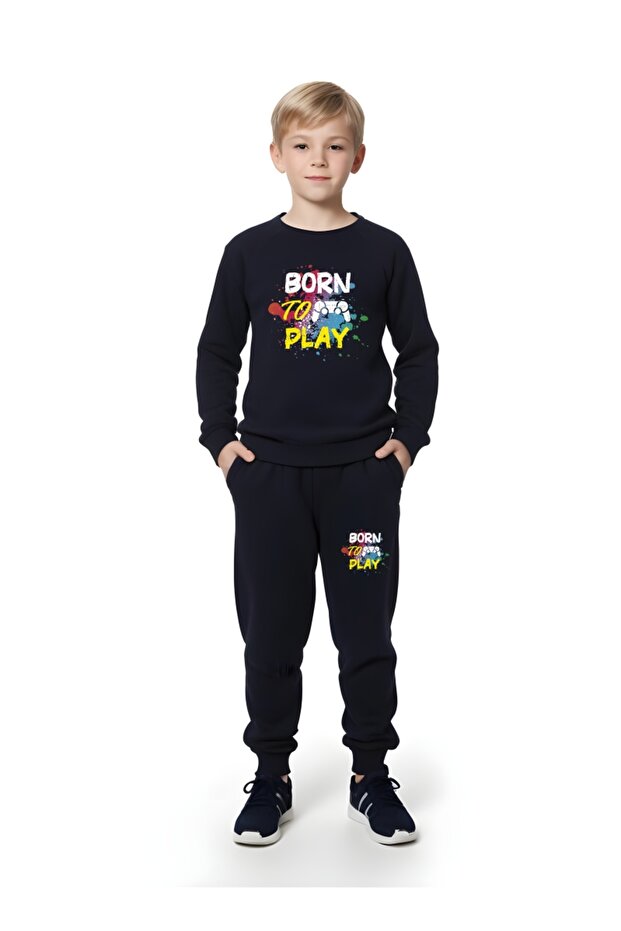 Born to Play Printed Boys' Round Neck Double Pocket Navy Blue Tracksuit Set