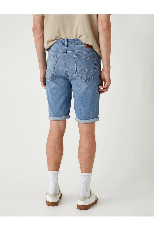 Slim Fit Kot Şort Cep Detaylı Katlamalı Paça Pamuklu - 4