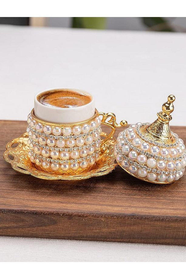 6'Lı Kahve Fincan Seti İnci Taş Ve Kristal Taşlı Kahve Fincanı Espresso Set 27 Parça - 6