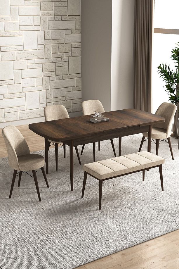 Dexa Serisi, 80x130 Açılabilir Mdf Barok Ceviz Mutfak Masa Takımı, 4 Sandalye, 1 Bench - 2