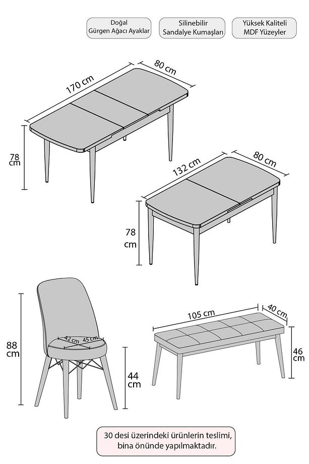 Dexa Serisi, 80x130 Açılabilir Mdf Barok Ceviz Mutfak Masa Takımı, 4 Sandalye, 1 Bench - 3