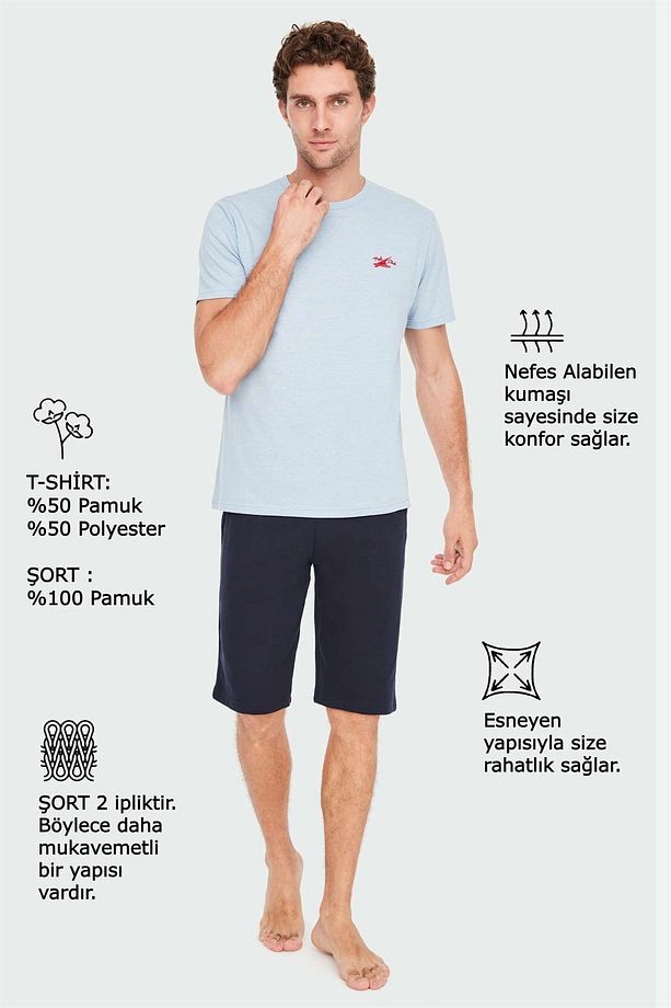 3836 Erkek Mavi Melanj Şortlu Pijama Pijama Takımı-mavi - 4