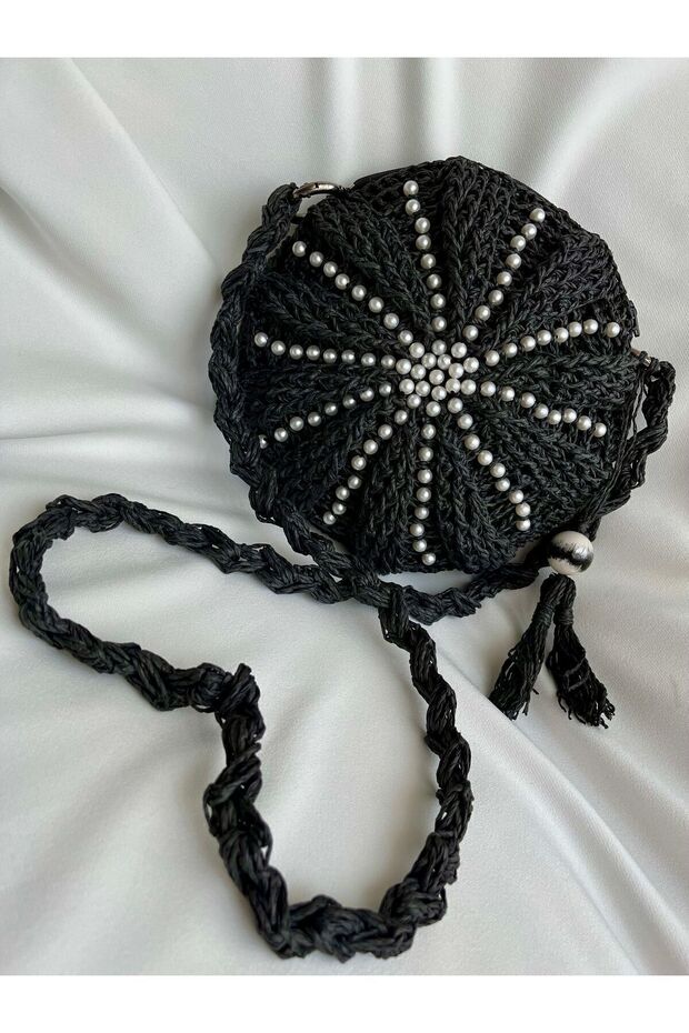 Pearl Detailed Black Macaron Bag / Pearl Detailed Straw Bag / Bohemian Bag / Hand Knitted Straw Bag