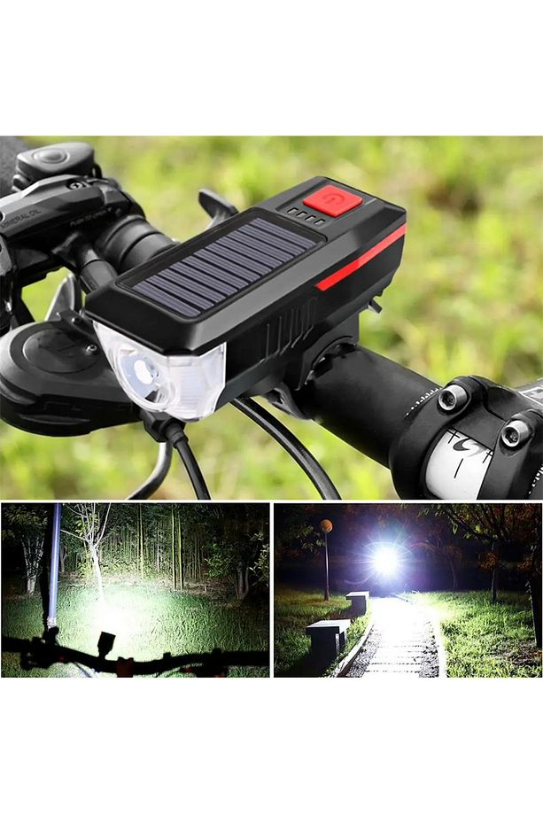 Solar Güneş Enerjili USB ile Şarj Edilebilir 3 Mod Ledli Bisiklet Feneri Kornalı Ve Su Geçirmez Far - 5