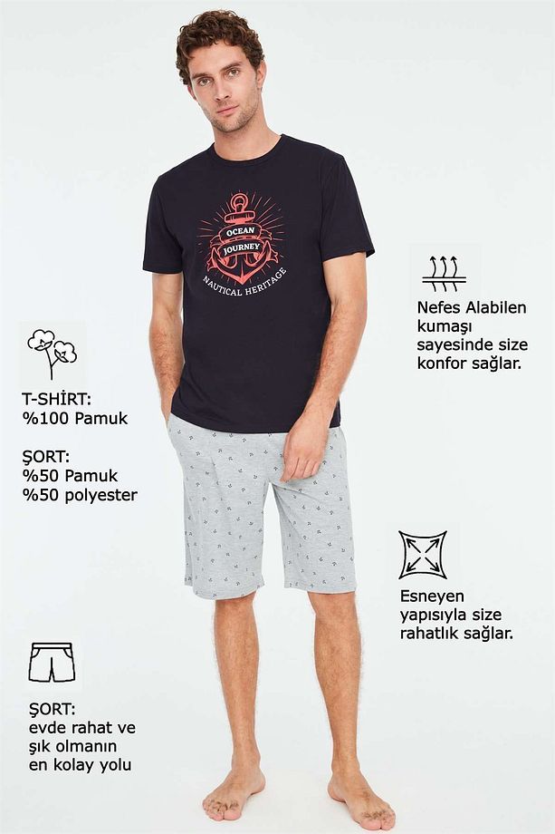 3819 Erkek Lacivert Şortlu Pijama Pijama Takımı-lacivert - 4