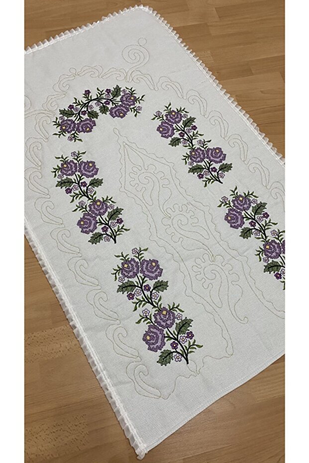 Dowry Canvas Etamine Embroidered 100% Cotton Linen Prayer Rug Cream*lilac