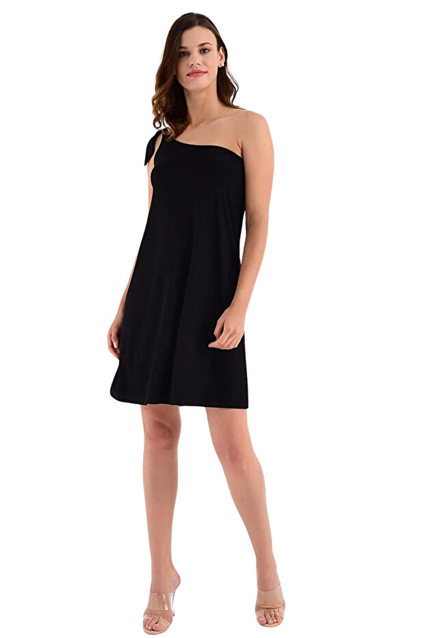 Kadın Siyah Tek Omuzdan Bağlamalı Elbise 20L6804 - 3