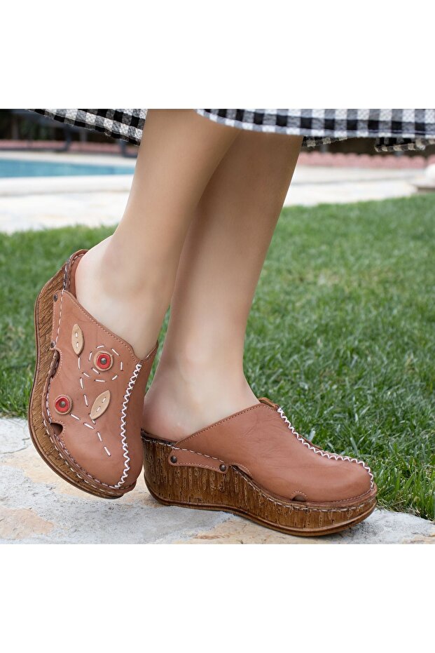 Orthopedic Wedge Heeled Leather Slippers 11407