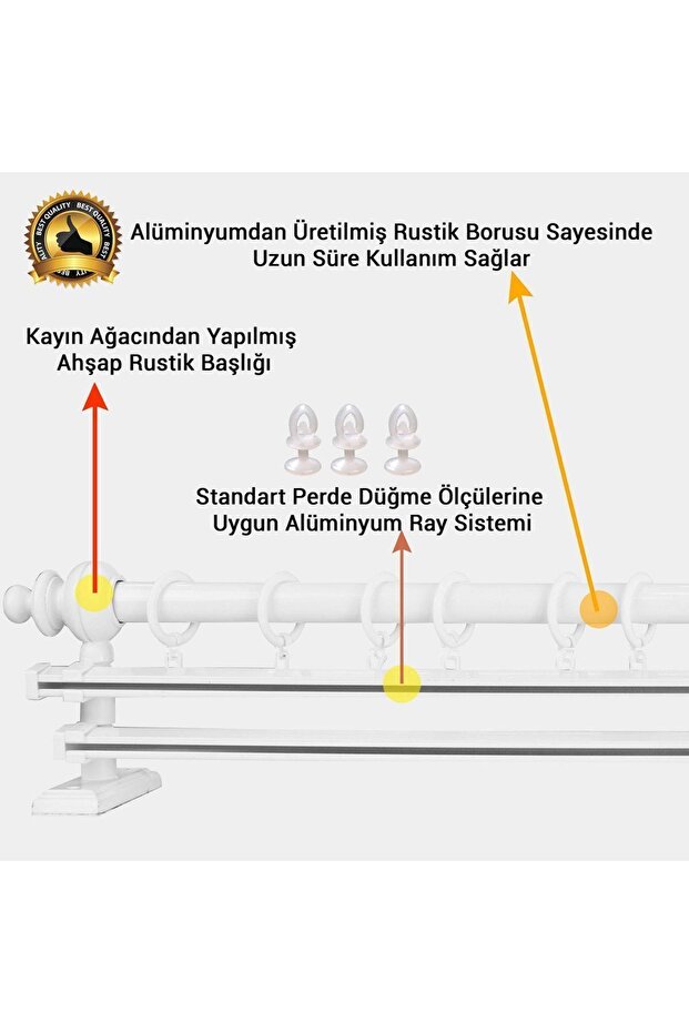 Beyaz Çift Raylı Ahşap Rustik Perde Askısı - Rustik Borusu 150 Cm - 2