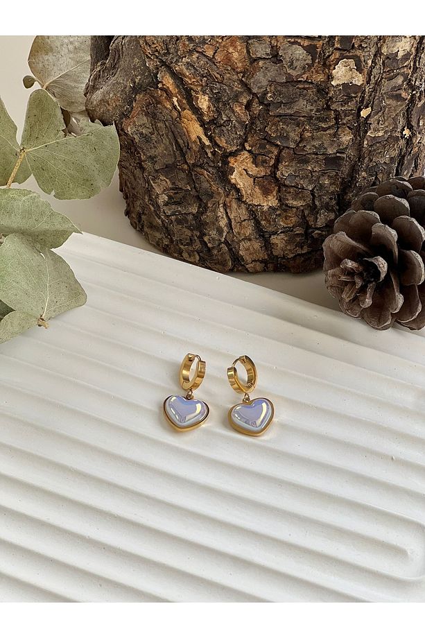 Sedef Kalp Çelik Kolye Küpe Set - 3
