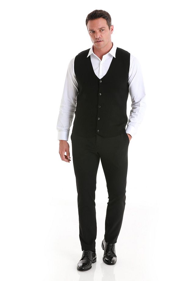 Siyah Regular Fit Düz V Yaka Triko Yelek - 2
