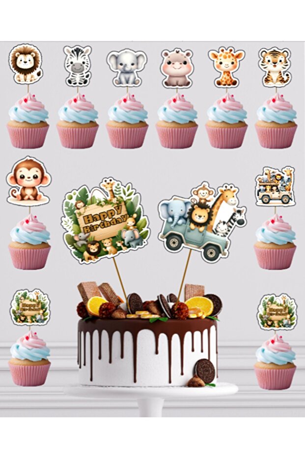 Safari Jungle Animals Themed Cupcake Cake Picks 12 Pieces - Kids Birthday Cake Decoration Set