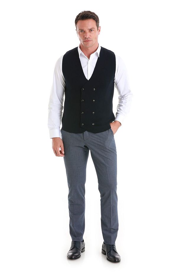 Lacivert Regular Fit Düz Kruvaze Triko Yelek - 2