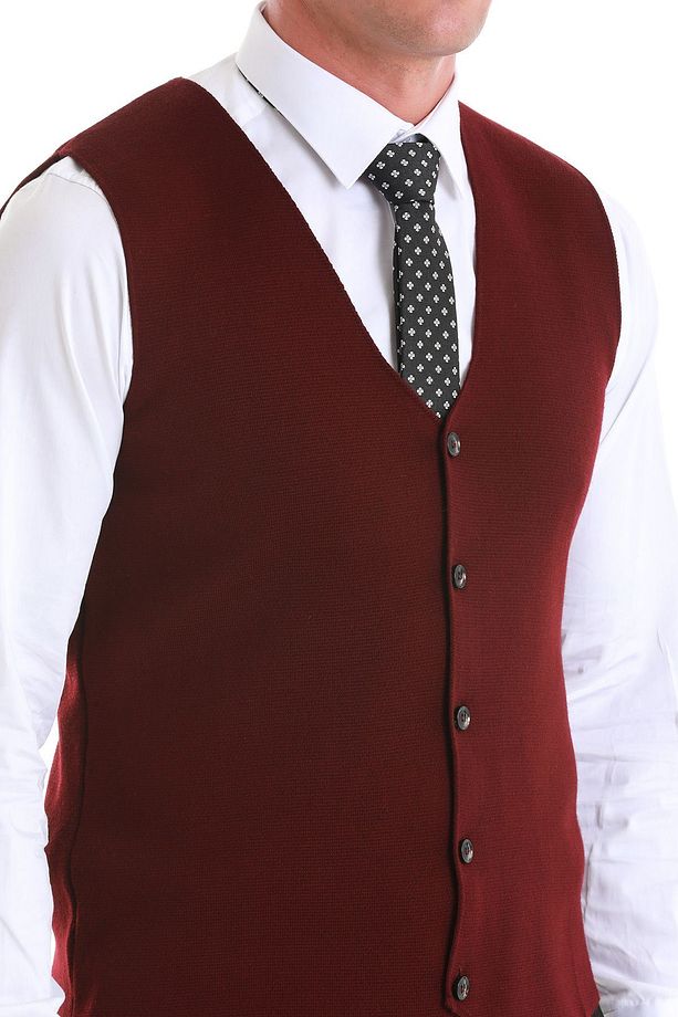 Bordo Regular Fit Düz V Yaka Triko Yelek - 4