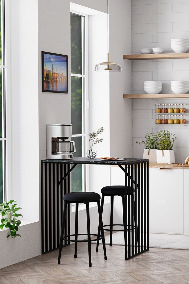 Prag Bar Taburesi , Mutfak Taburesi, Balkon, Bahçe Taburesi, Sandalyesi Siyah Kumaş - 2