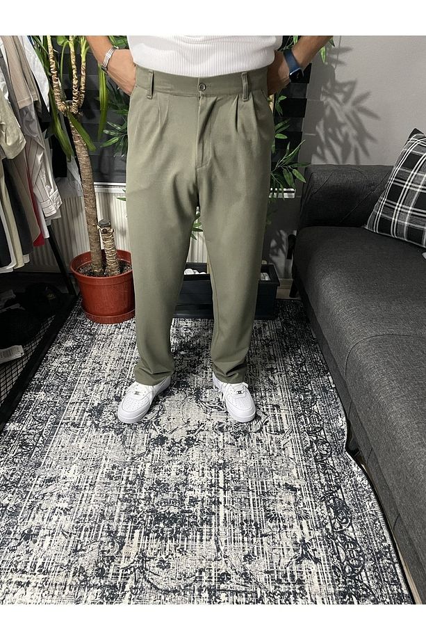 Haki Pileli Baggy Kumaş Pantolon Pl15 - 1
